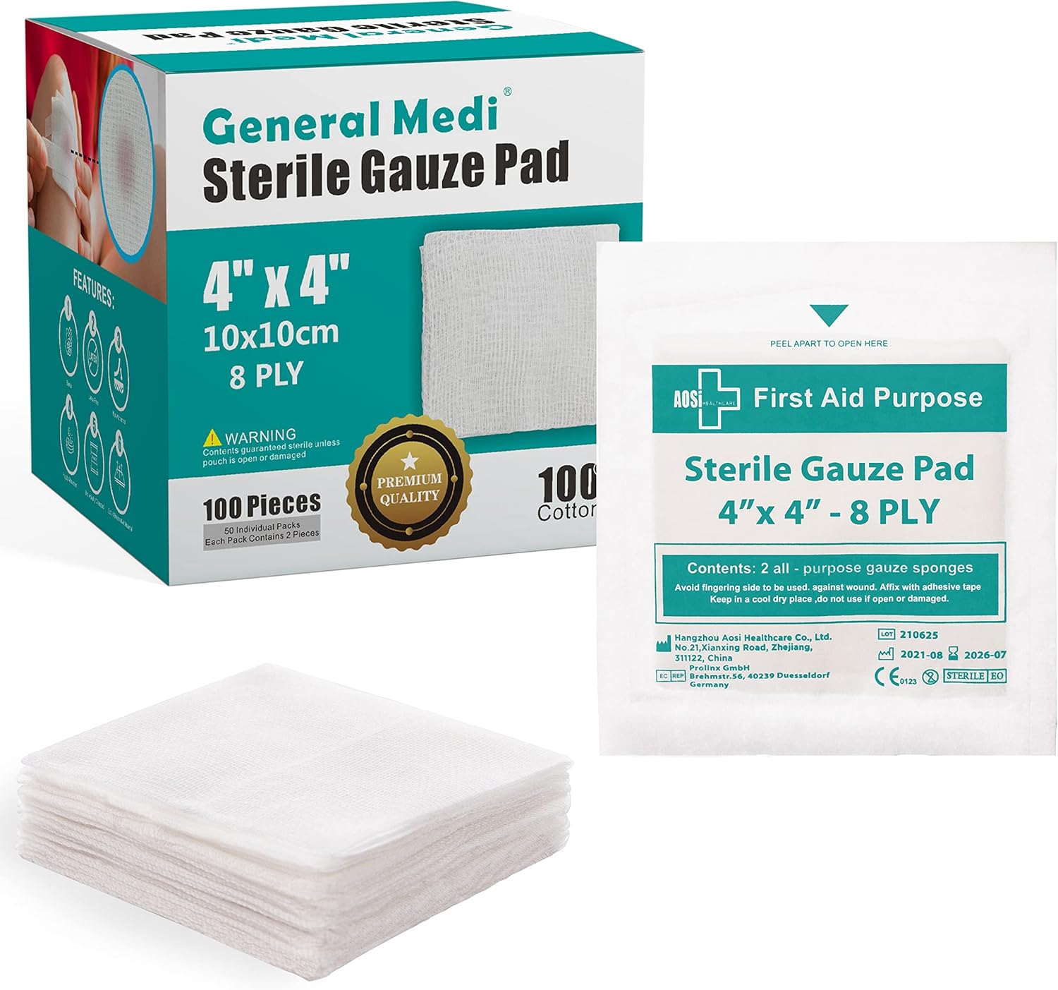 General Medi Compresses de gaze stériles - (10x10cm) Compresses de gaze médicale enveloppées individuellement pour les coupures et les brûlures et le soin des plaies (50 paquets, 100 pièces au total)
