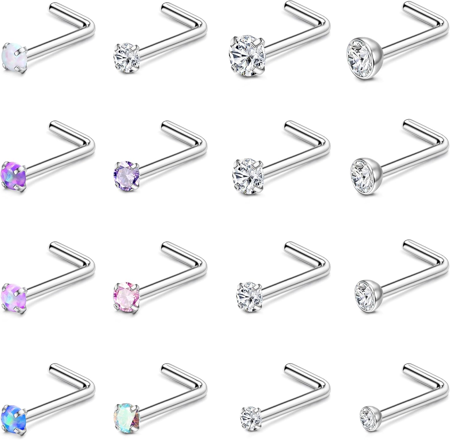 Finrezio 16 Pcs 18/20G Piercing Nez Acier Chirurgical Forme de L Piercing de Nez pour Femme Hypoallergénique Argent Clou de Nez Coloré Diamant CZ Piercing Bijoux
