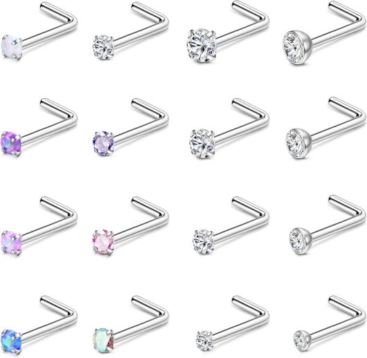 Finrezio 16 Pcs 18/20G Piercing Nez Acier Chirurgical Forme de L Piercing de Nez pour Femme Hypoallergénique Argent Clou de Nez Coloré Diamant CZ Piercing Bijoux