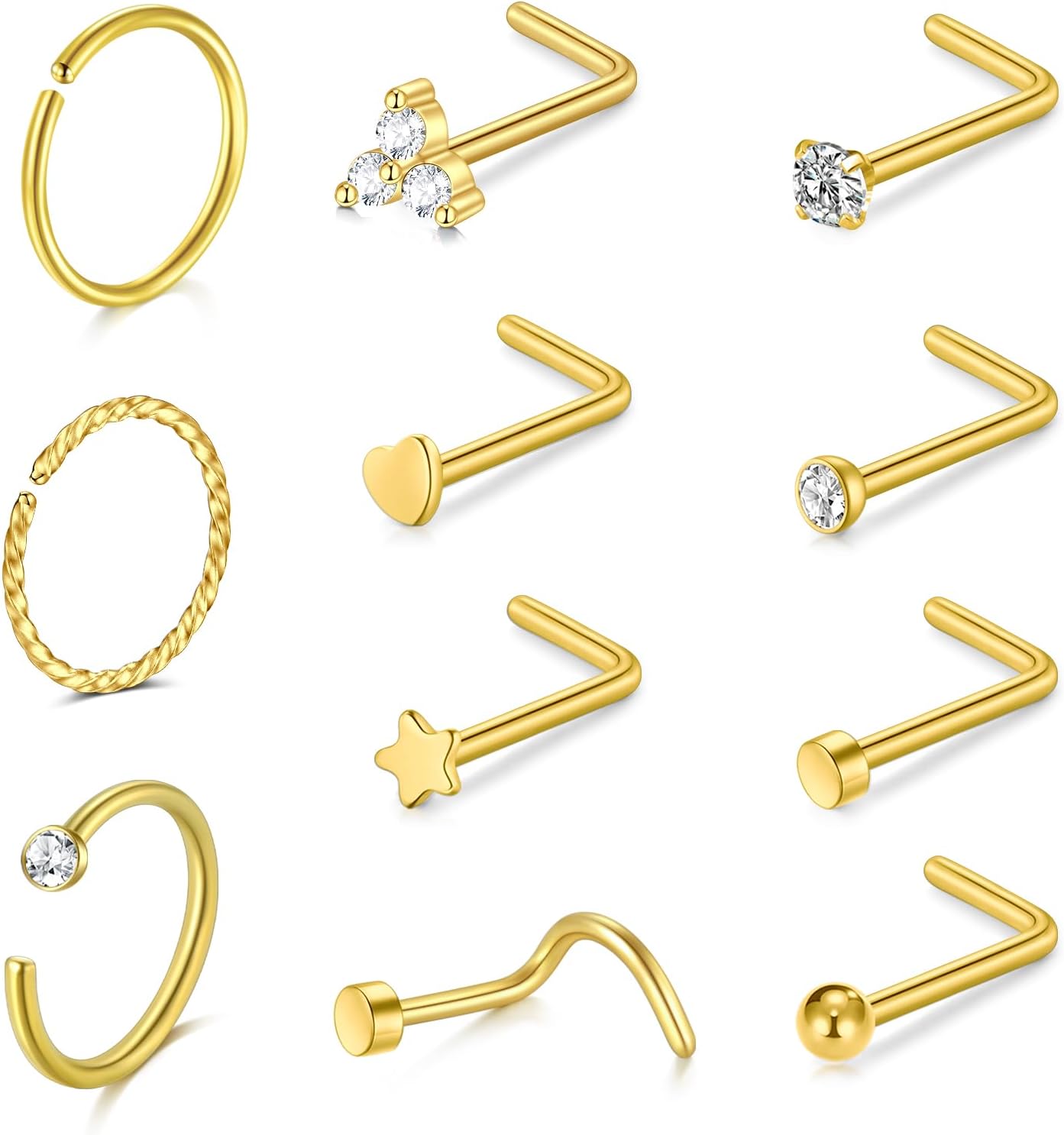 Piercing nez argent or piercing nez,piercing nez anneau mince anneaux de nez ensemble pour les femmes hommes courbes forme L petit nez stud et 20GStrass bijoux piercing nez