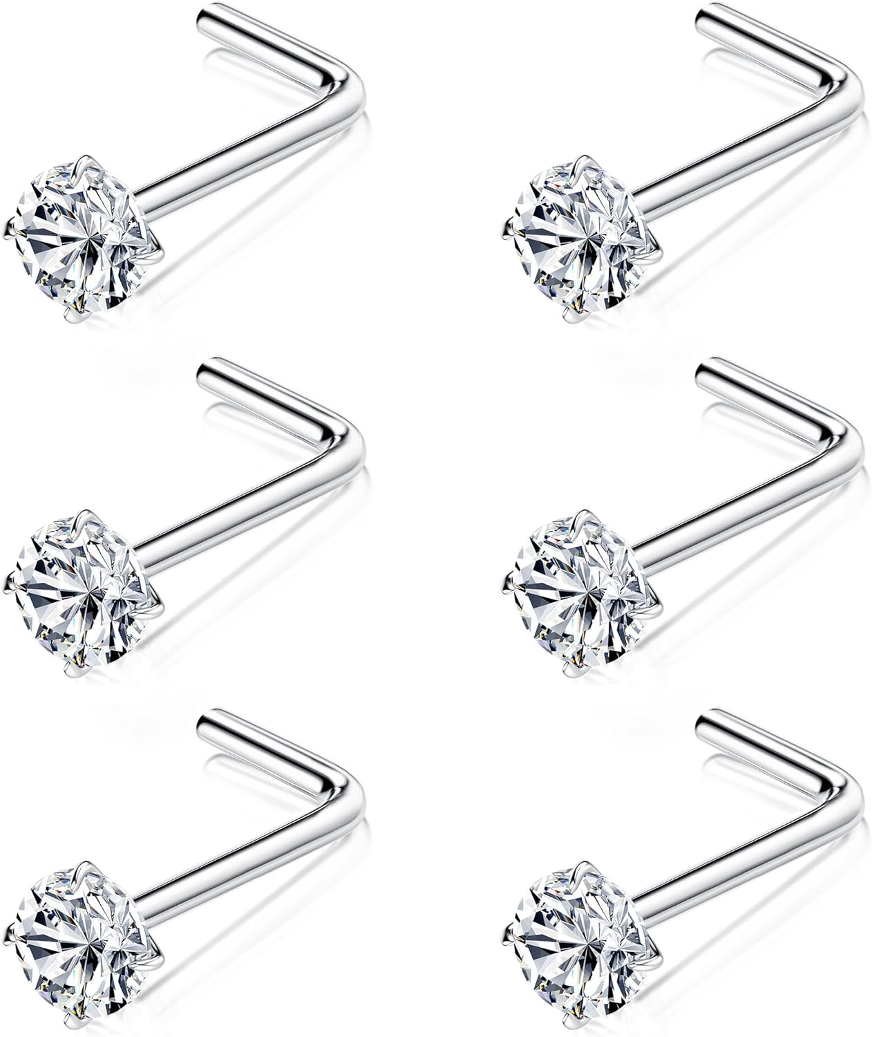 6 Pièces Piercing Nez Titane G23 Vis Forme L 3mm Cubique Zircone CZ Bijoux de Corps Or Argent 18G 20G 3mm, forme de L, 20G, titane argent