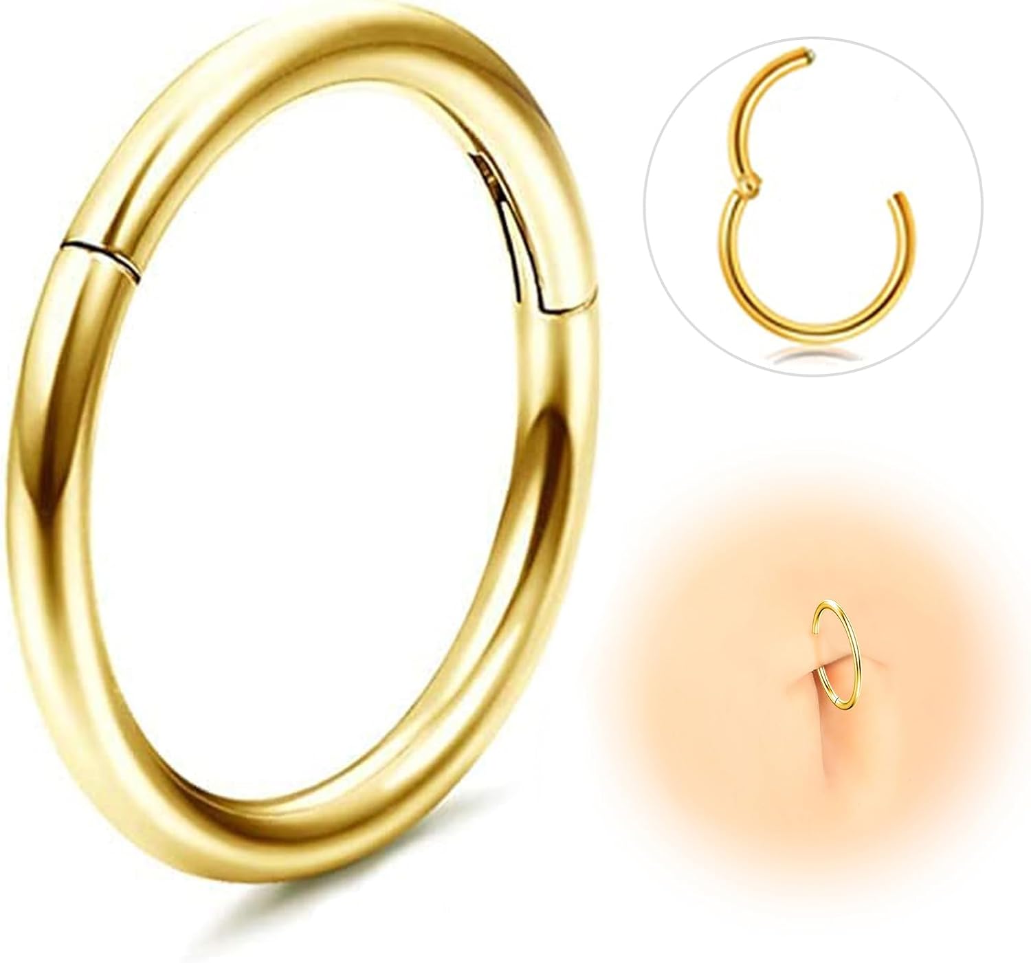 ESHIONER G23 Titane Piercing Nez Anneaux Piercing Hélix Tragus Hypoallergénique Argent Or Noir Anneaux de Cartilage Piercing Conch Septum 14G 16G 18G 20G 6MM/8MM/10MM/12MM Anneau Nez Piercing 1 Pièce or (16g)1.2*10mm