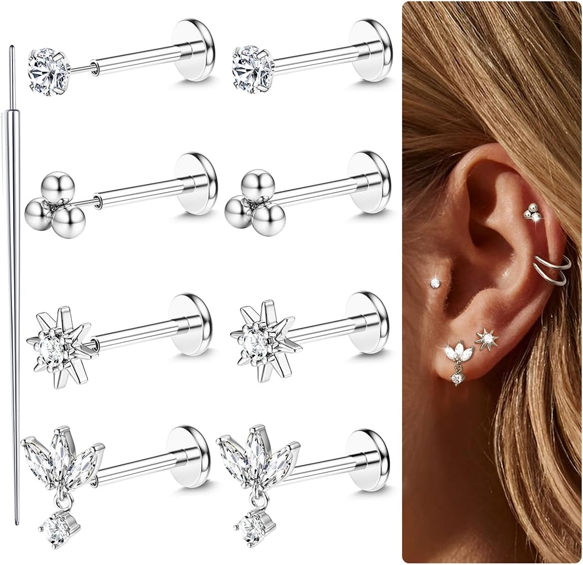 16G/18G/20G Piercing Tragus Or/Argent Acier Chirurgical Piercing Oreille Piercing Helix Piercing Labret Piercing Nez Cartilage Piercing Medusa 6/7/8MM Argent-Simple-0.8MM-20G