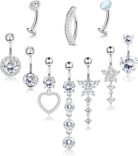 10pcs 14G Piercing Nombril Acier Chirurgical Or Argent Zircon Coeur Opale Papillon Pendant Piercing Nombril Anneau Piercings Bijoux pour Femme
