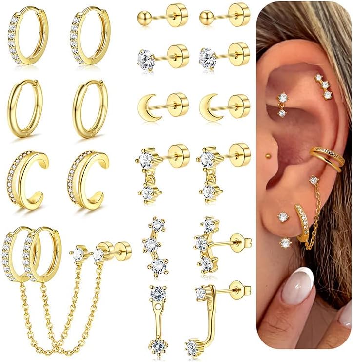 Ensemble de Boucles d'Oreilles en Or pour Femmes - Créoles Huggies Plaqué Or 14K, Clous d'Oreille en Acier Chirurgical à Dos Plat, Bijoux de Cartilage pour Piercings Multiples