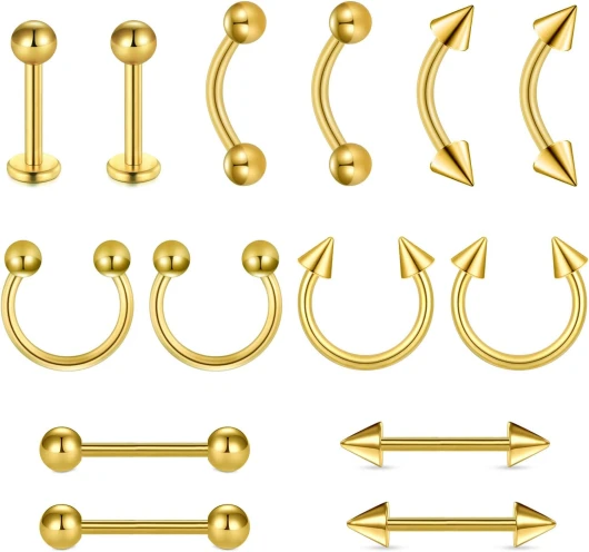 Barre pour sourcil Barre pour lèvre Septum Piercing à la Langue : 14 pièces 16G Acier Chirurgical Barbell courbé Anneau pour lèvre Piercing au Tragus Gold