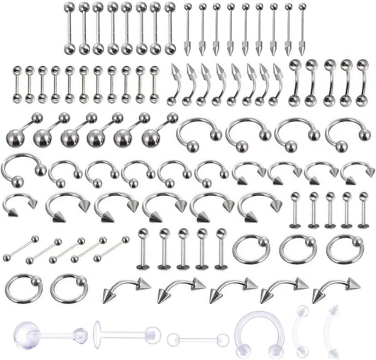 LuLyL 92 pièces de perforations (92 pièces), 16 styles d'acier inoxydable 316L, 6 pièces d'anneaux de nombril transparents pour le corps, la langue, le nez, les oreilles, les, les lèvres, 91 Unité