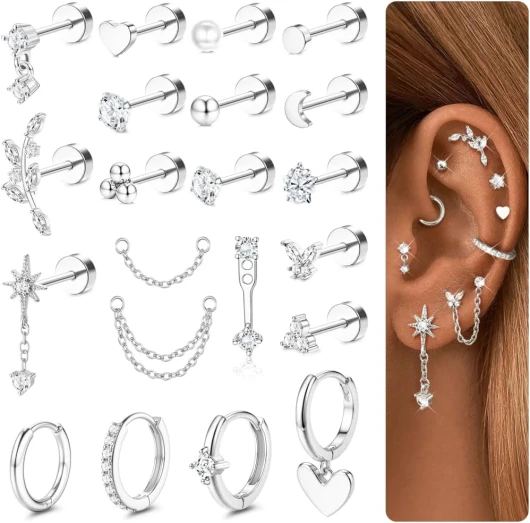 CASSIECA 21Pcs Boucles d'Oreilles Femme Acier Inoxydable Piercing Helix Or Argent Piercing Oreille Tragus Helix Conch Acier Chirurgical Bijoux Femme Ton Argent