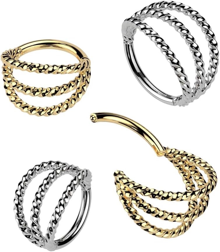 Tata Gisèle Piercing Anneau en Acier Chirurgical 316L 3 rangs ajourés et striés. - Pour l'oreille ou pour le nez Doré ou Argenté, Marque Francaise