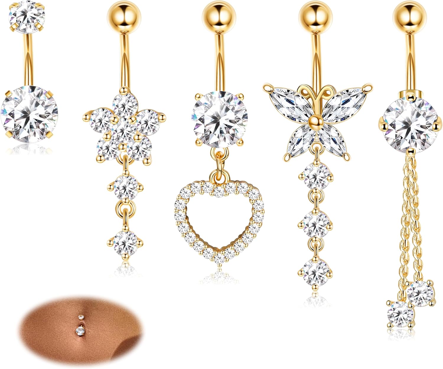 Diamday 5pcs Piercing Nombril Acier Chirurgical Piercing Nombril Anneau 14G CZ Pendentif Percing Au Nombril Or Argenté Ventre Piercing Nombril Pendant Nombril Barre Coeur Papillon Corps Piercing