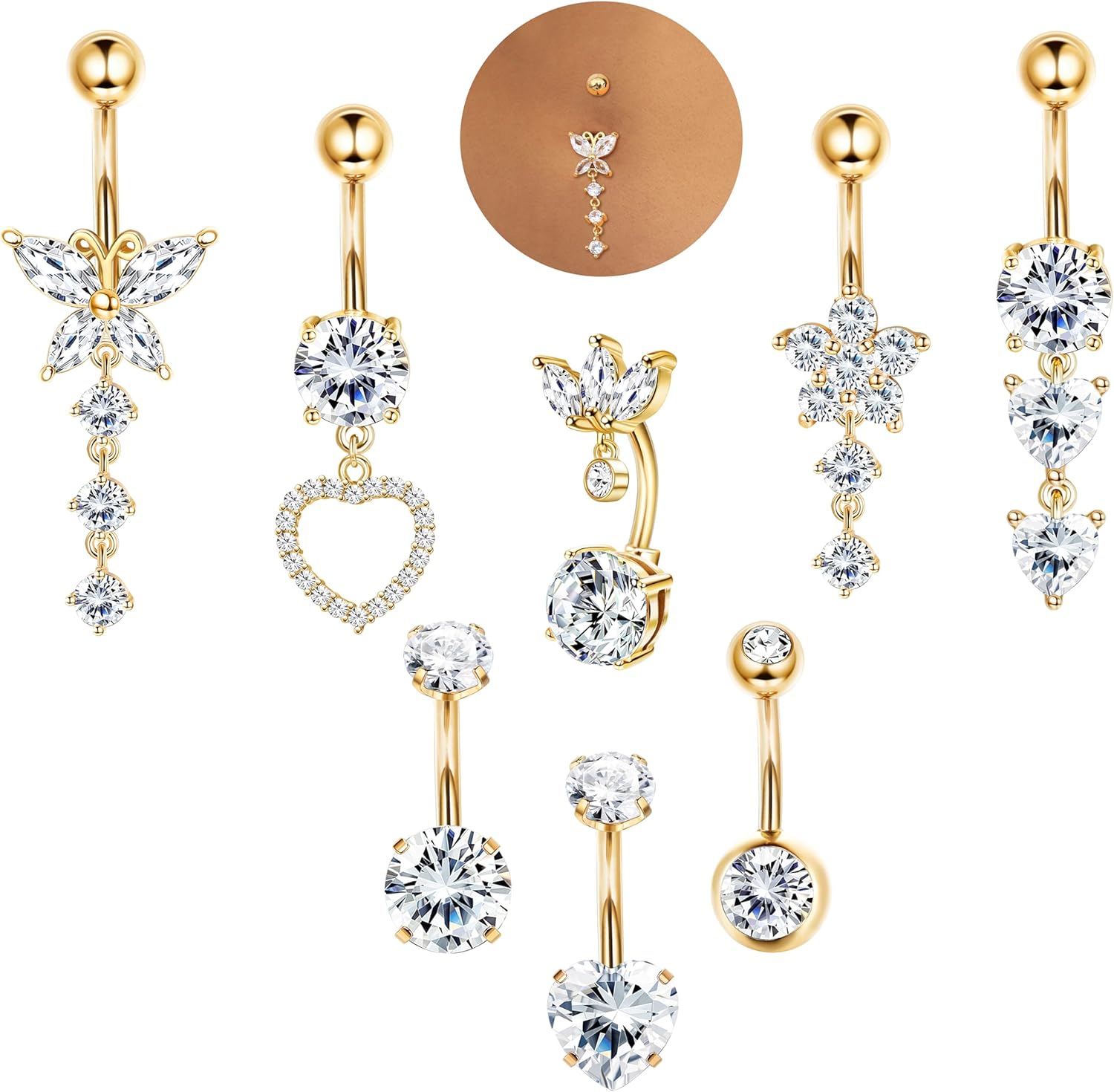 8 Pcs Piercing Nombril Acier Chirurgical Or Femme 10MM Percing Au Nombril Argent Zircon Coeur Papillon Piercing Nombril Anneau Rose Bleu Femme