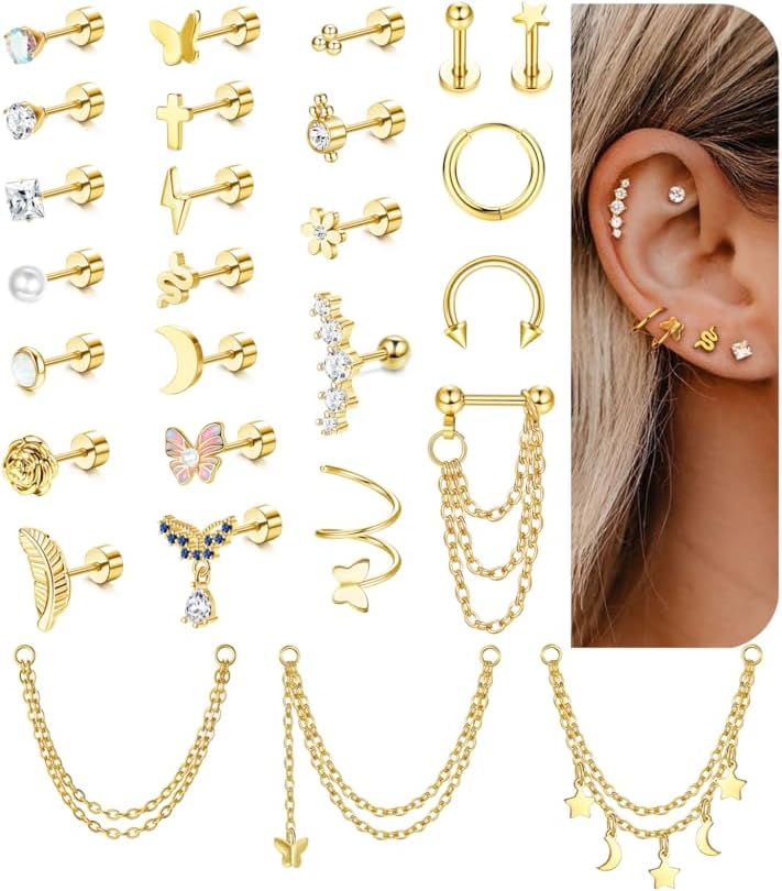 27 Pièces Piercing Helix Cartilage Boucle Oreille Acier Chirurgical pour Femmes Hommes Hypoallergénique 16G Or Argent Piercing Conch Étoile Creoles Lune Tragus Oreilles Piercing Bijoux