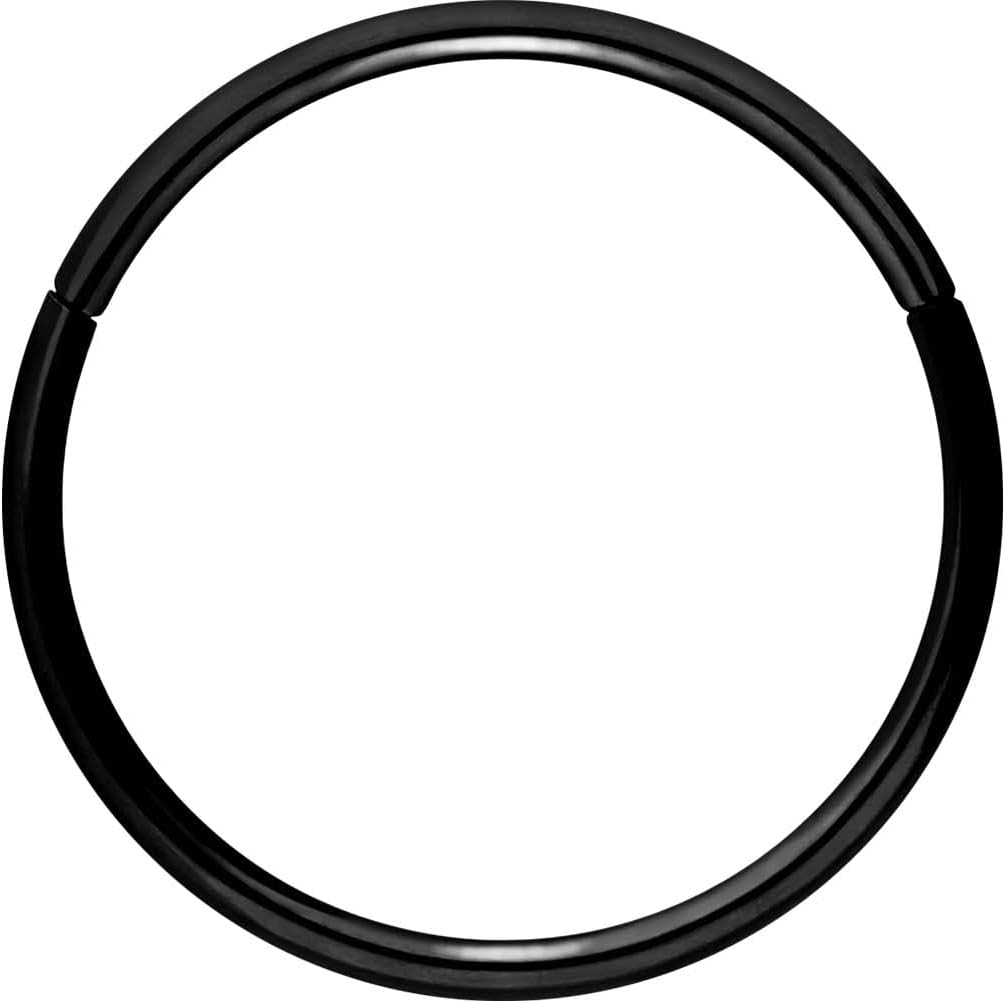 PIERCINGLINE Anneau segmenté à clicker en acier chirurgical – Piercing en or, argent, rose, noir ou bleu – pour nez, septum, oreille, hélix ou tragus Noir Épaisseur de la tige : 0,8 mm - Diamètre intérieur : 9 mm.