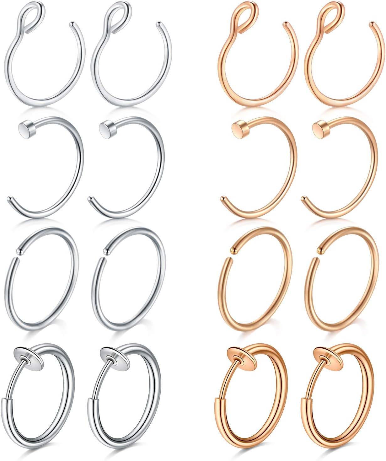 12-16Pièces 20G 8mm Piercing Nez Faux Piercing Nez Acier Chirurgical avec Diamant Faux Anneau Nez Faux Piercing Nez Lèvre Helix Non Piercing Fake Piercing Nez Femme Homme