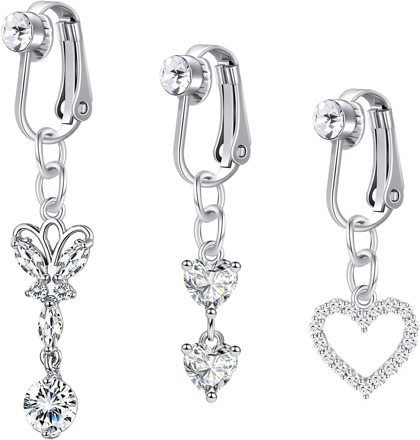 3pièces Faux Piercing Nombril Clip sur Argent False Anneaux de Ventre Con Pendentif Non Percé Piercing Bijoux Argent A