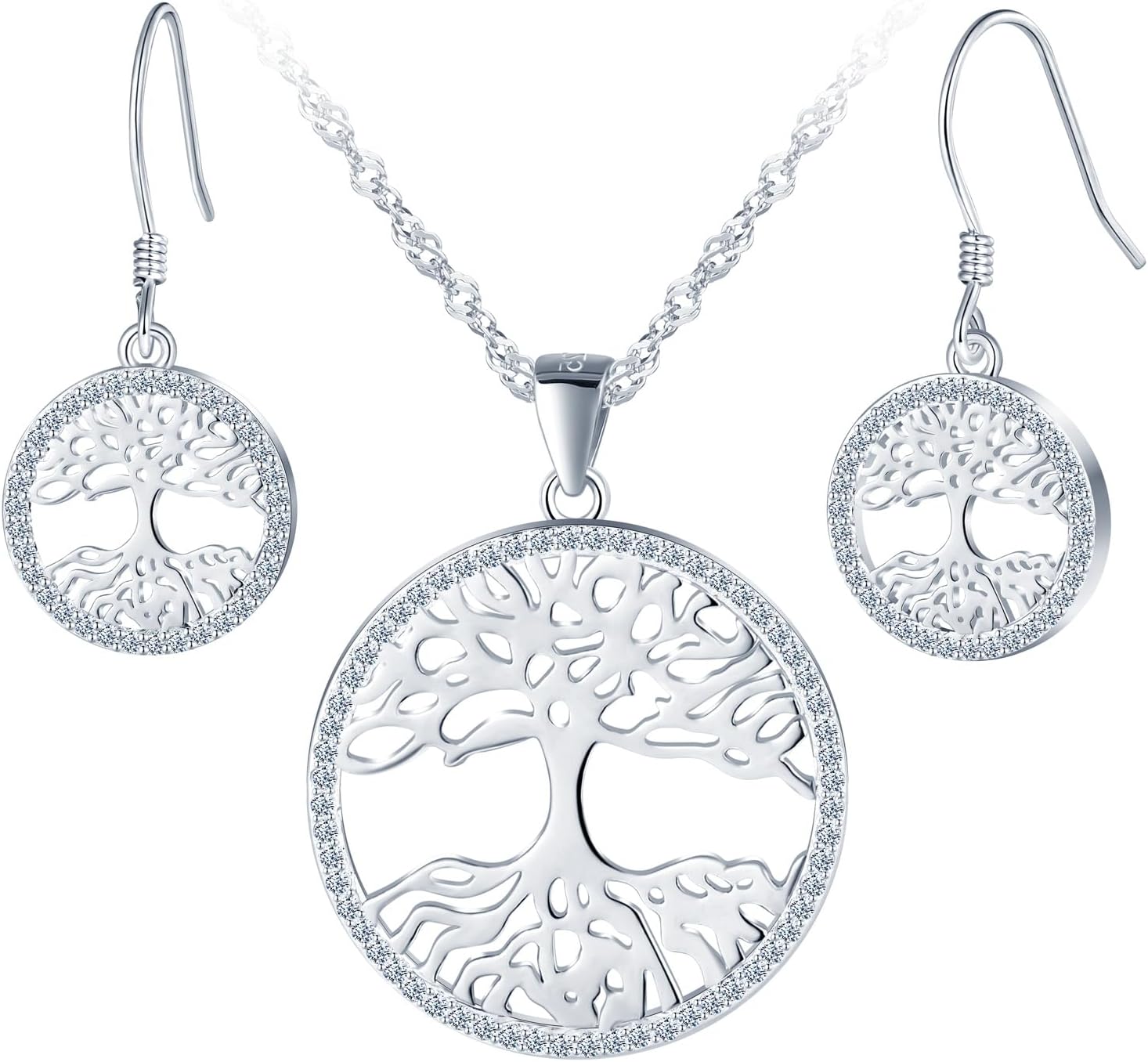 Yumilok Arbre de la vie collier femmes 925 argent sterling zirconie arbre de la vie boucles d'oreilles piercing Huggie oreille bijoux ensembles