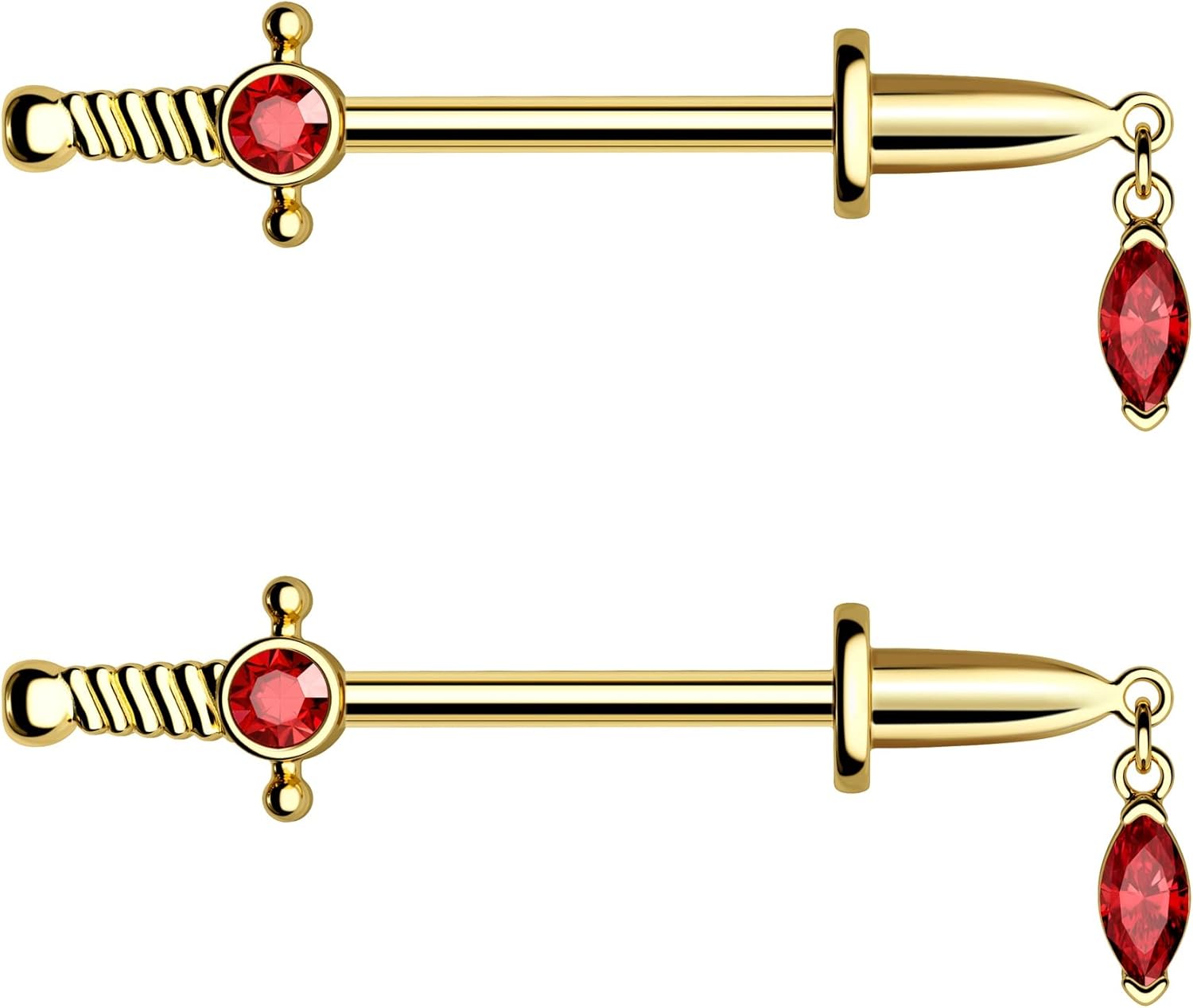 CM Crareesi Mania Piercing pour téton en forme de dague - En acier chirurgical 316L - 14 g - Bijou de piercing gothique avec gemme rouge, Zircone cubique