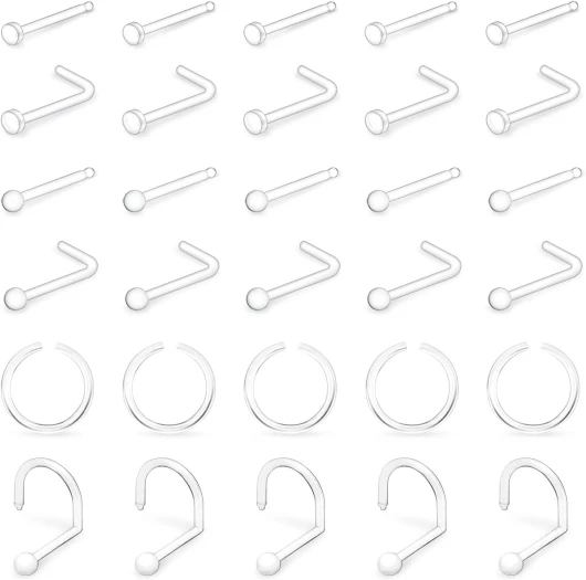 30Pcs Piercing Nez Plastique Bioflex Transparent Invisible Flexible Nostril Oreille Helix Goujon Anneau Retainer Kit pour Irm Operation 0,8mm 20G
