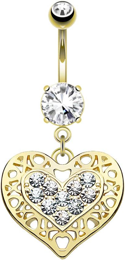 Tata Gisèle Piercing Banane Nombril en Acier Chirurgical 316L et Oxydes de Zirconium - Double Bijou - Zircon on Top et Coeur Suspendu Décor Tribal Incrusté de Zircons - Or Doré