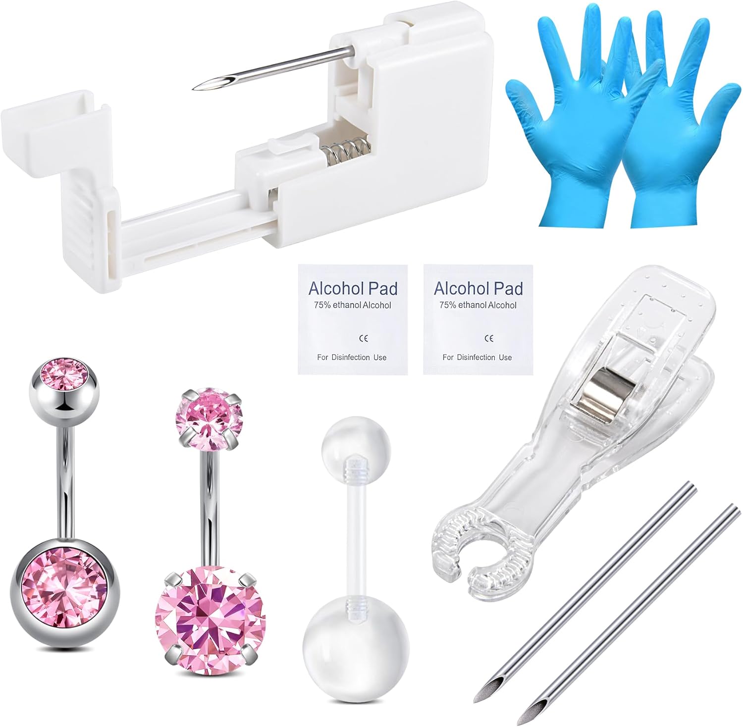 Lot de 10 piercings de nombril avec pistolet de piercing, aiguilles de piercing extra 13 g 14 G avec acier inoxydable chirurgical 316L pour nombril, septum, nez, mamelon, langue Style 1