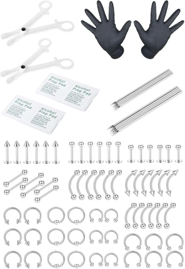 84 Pièces Kit Piercing Professionnel Acier Inoxydable Anneaux de Nombril Cartilage Piercing Helix Daith Septum Hoop Piercing Kit Langue Tragus Mamelon Piercing Lèvres Corps Bijoux 14G 16G Argent