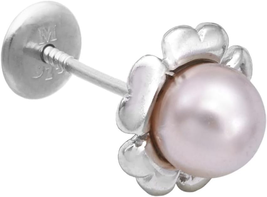 Piercing d'oreille avec perle - Collection Cos - Fabriqué en argent rhodié - Perle rose ronde de 4 mm - Taille de 2,35 cm - Fermoir à vis - Piercing pour oreille, Argent, Perle