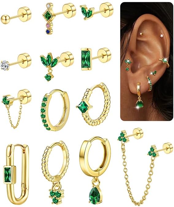 13Pièces Piercing Helix Cartilage Boucles D'oreilles Pour Femmes Plaqué Or 14K Argent Acier Inoxydable Chirurgical Petits Boucles D'oreilles Piercing Oreille Ensemble Bijoux Femmes