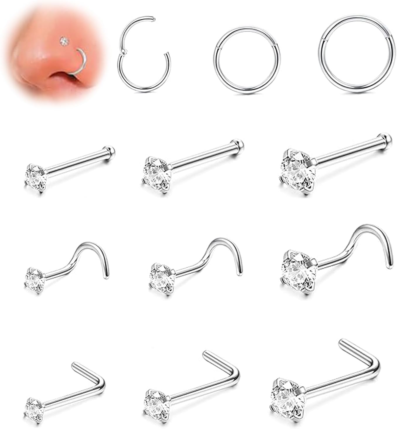 Agogue 12 Pièces Piercing Au Nez Acier Inoxydable, Piercing Nez Acier Inoxydable Ensemble de Piercings pour Nez avec Différentes Tailles et Formes, Bijoux de Mode pour Femmes