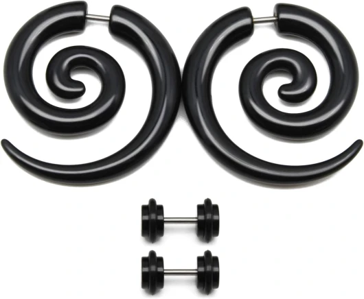 2 Paires Acrylique Faux tricheur Oreille civière Noir Boucles d'oreilles Goujons Spirale Oreille expanseur Plug Tunnel