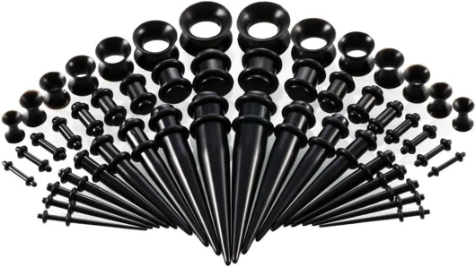 Tonyg-p 50 pièces Kit d'étirement des Oreillettes Ecarteur Jauges Expansion Oreille Tunnel 14G-00G silicone, bouchons en acrylique extension d'oreille(Noir)