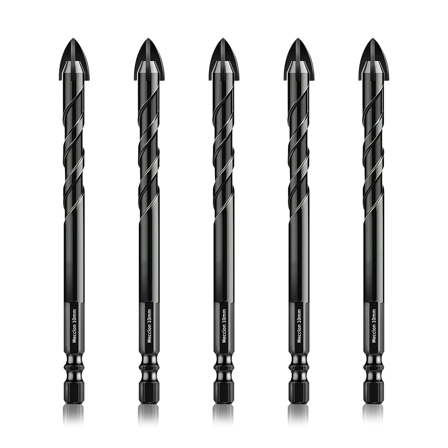 Meccion Forets pour Carrelage 10mm 5Pcs Forets Professionnels en Croix Carbure de Tungstène pour Carrelage, Brique, Verre, Porcelaine, Plastique, Bois, Ciment, Métal Doux