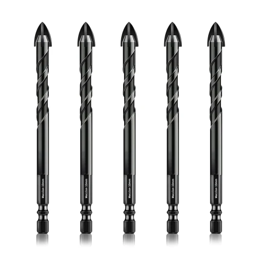 Meccion Forets pour Carrelage 10mm 5Pcs Forets Professionnels en Croix Carbure de Tungstène pour Carrelage, Brique, Verre, Porcelaine, Plastique, Bois, Ciment, Métal Doux
