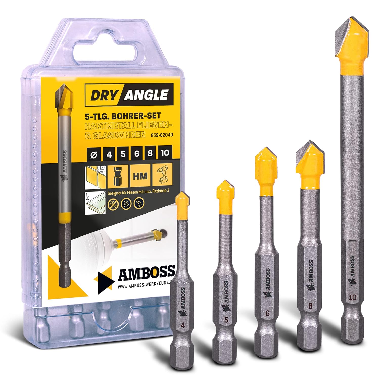 Amboss DryAngle Set Ø 4/5/6/8/10 mm – Foret pour carrelage, verre, céramique – Tige hexagonale pour perceuses – Perçage du verre/carrelage mural/tuile de toit/céramique Verre/Carrelage Fliesenbohrer Set 5tlg - (4,5,6,8,10mm)