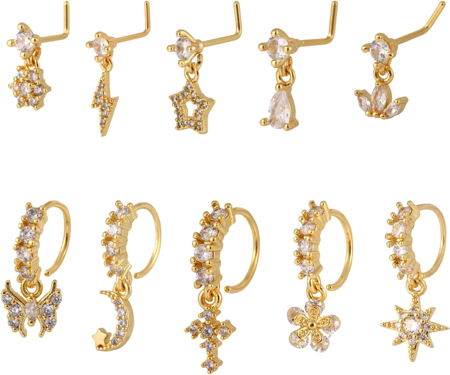 Mikovivi 10pcs Anneaux de Nez Pendants, Dorés Élégants Nose Ring Forme L Clous de Nez Fleur Étoile Papillon Bijoux Piercing Cadeaux pour Femmes