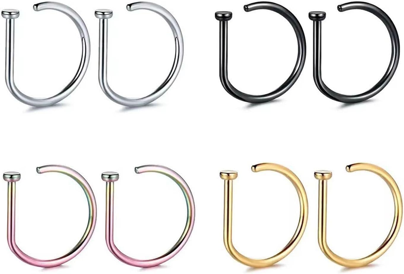 EHDWXVZM Lot de 8 anneaux de piercing de nez, de lèvres, de nez en forme de D, accessoires de bijoux, en forme de D, taille unique, Acier inoxydable