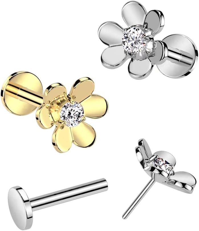 Piercing Labret Monroe en Acier Chirurgical 316L et Oxyde de Zirconium - Motif Fleur - Agrenté ou Doré- Idéal visage oreille lobe cartilage conch helix, bijou femme 1 mm Doré