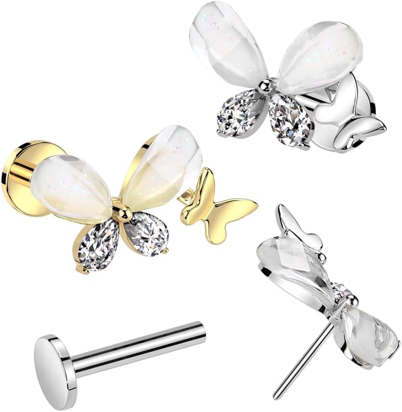 Piercing labret monroe en Acier Chirurgical, Zirconium et Acrylique - Papillon délicat, Motif 2 papillons, piercing pour oreille ou visage ou lèvre ou corps, bijou femme