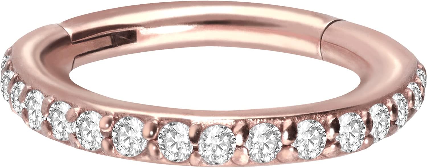 PIERCINGLINE Anneau segmenté en acier chirurgical - Cristaux sertis - Piercing septum oreille tragus hélix - Couleur et taille au choix Or rose / cristal transparent - Diamètre intérieur : 6 mm.