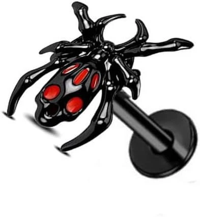 Barre labret araignée noire de 16 g pour homme et femme en acier inoxydable rouge et noir créatif animal insecte petites lèvres anneau vintage personnalisé cartilage fileté pack tragus pirate bijoux