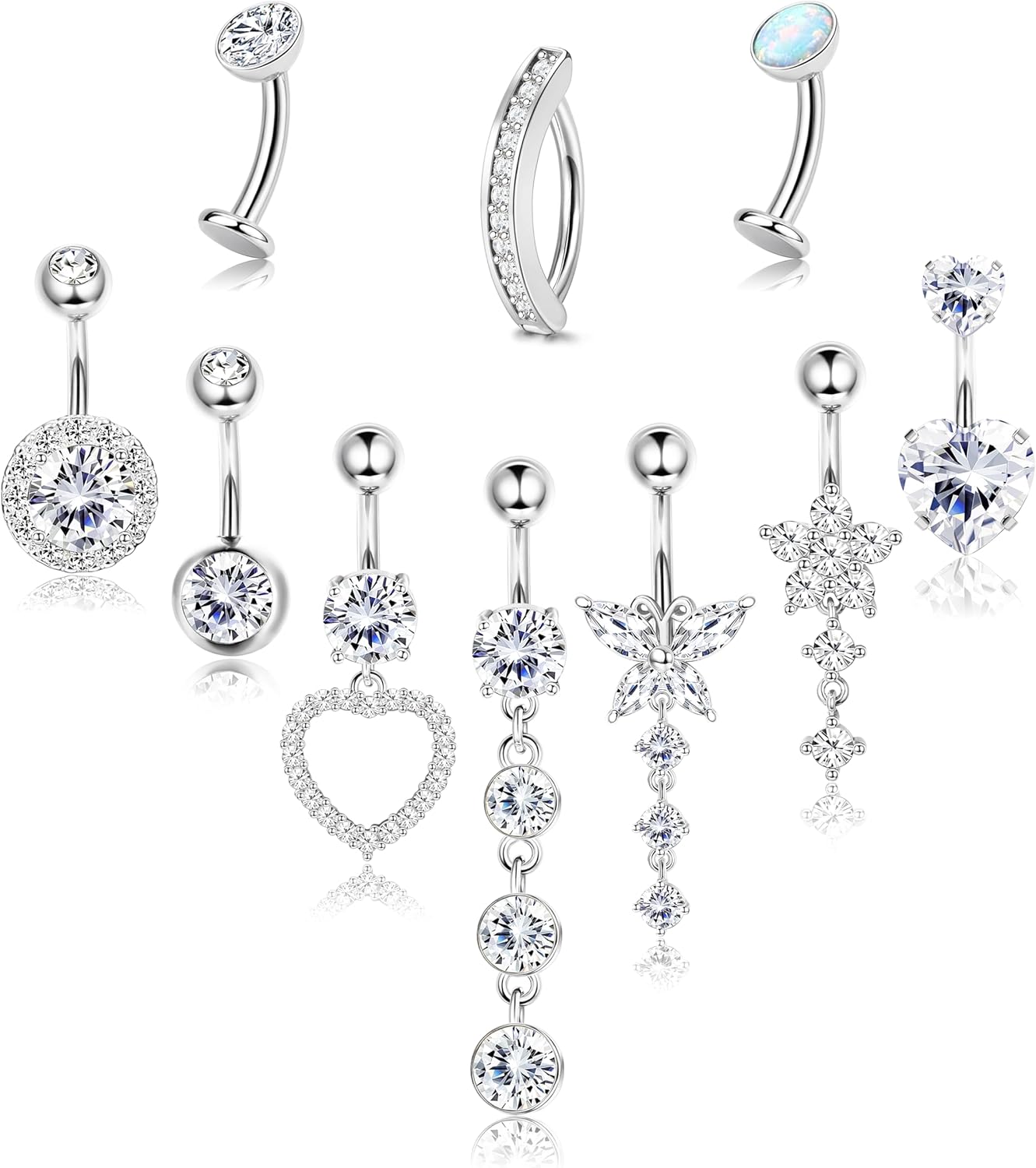 Chriscoco 10pcs 14G Piercing Nombril Acier Chirurgical Or Argent Zircon Coeur Opale Papillon Pendant Piercing Nombril Anneau Piercings Bijoux pour Femme