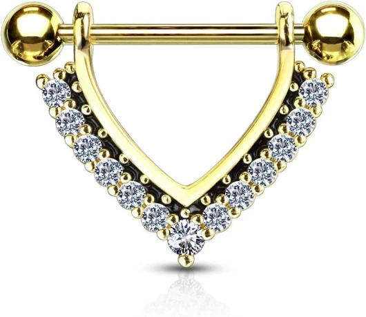 Tata Gisèle Piercing Sein Téton en Acier Chirurgical 316L et Oxydes de Zirconium - Triangle en Acier Entouré de Zircons Sertis - Différentes Couleurs - Or Doré / Clair
