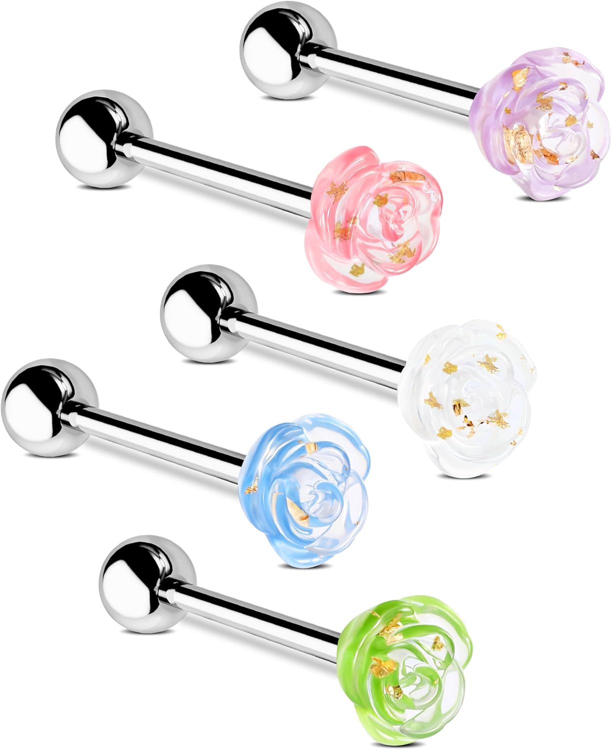 Jewseen 5 pièces langue barbell 14g fleur langue anneau chirurgical acier langue piercing acrylique langue barbell piercing bijoux