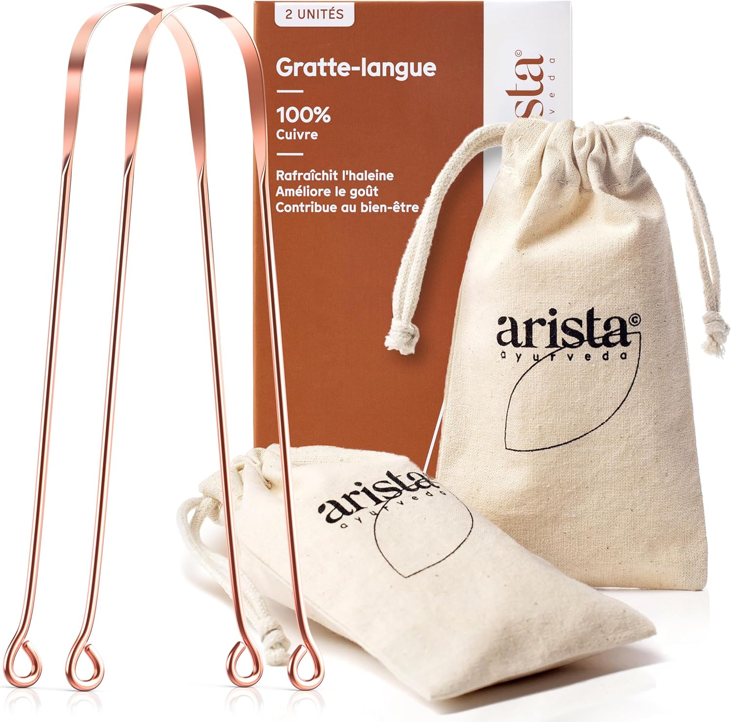 Arista Gratte-Langues, Pack de 2, Gratte Langue Cuivre Ayurveda Contre la Mauvaise Haleine, Racle Langue en Lot de 2, Lave Langue Antibactérien, Grattoir langue en Cuivre