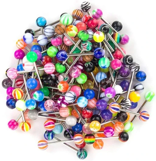 JFORYOU Lot de 100 Piercing de Langue Piercing Téton Mamelon en Acier Inoxydable & Bioflex Acrylique 14 G Barre de Langue Mamelon Téton