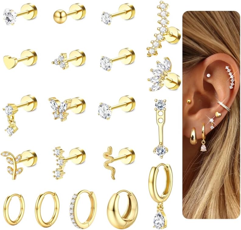 20 Pièces Boucles d'oreilles Femme Piercing Helix Creoles Acier Inoxydable Boucles d'Oreille Cartilage Piercing Oreille Conch Daith Tragus Piercing Bijoux Femme Or Argent