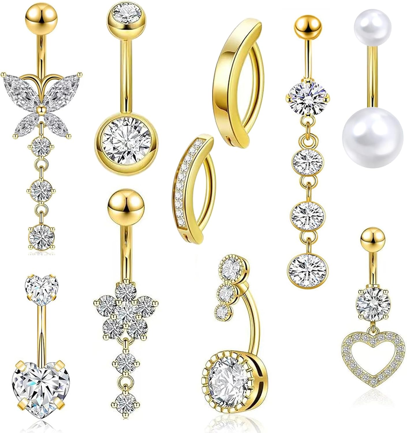 Lot de 10 piercings de nombril 14 g pour femme - En acier chirurgical rose et bleu - CZ - Papillon - Serpent - Clicker - Anneau de nombril - Piercing de nombril - Acier chirurgical (doré)