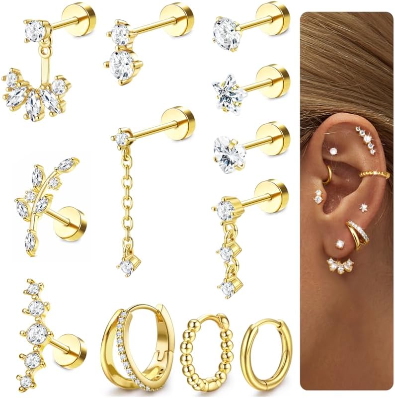12 Pièces Piercing Helix Oreille Femme Acier Inoxydable Boucle D'oreilles Argent Or Creoles Pendantes Hypoallergénique Piercing Tragus Conch Daith Rook Langue Boucle D Oreille Bijoux Femme 16G