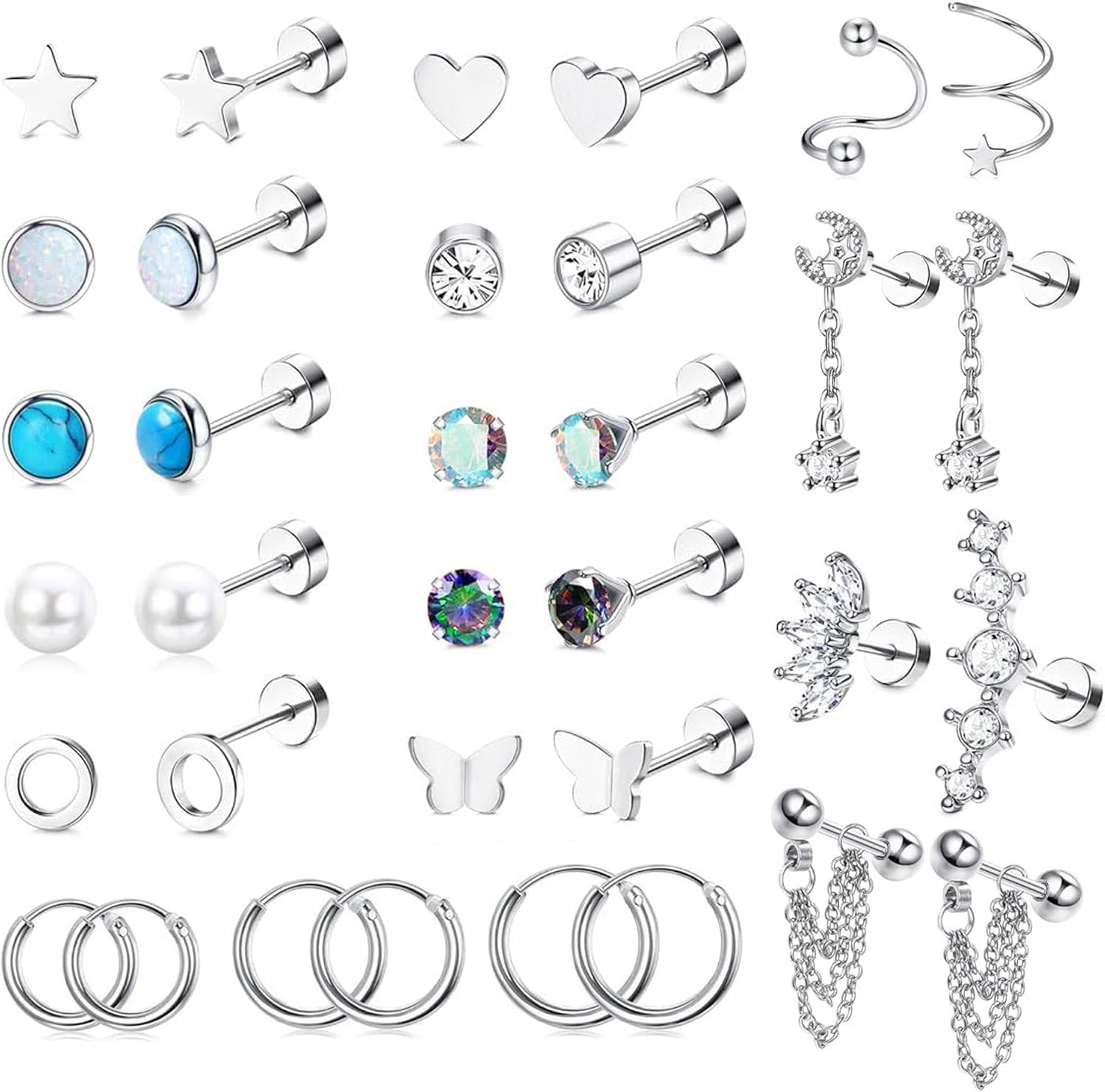 KALVICA 34Pcs Boucles D'oreilles Femme Argent Hypoallergénique Acier Chirurgical Piercing Helix Tragus Piercing Oreille Cartilage Papillons Fleur Perle Piercing Bijoux 20G