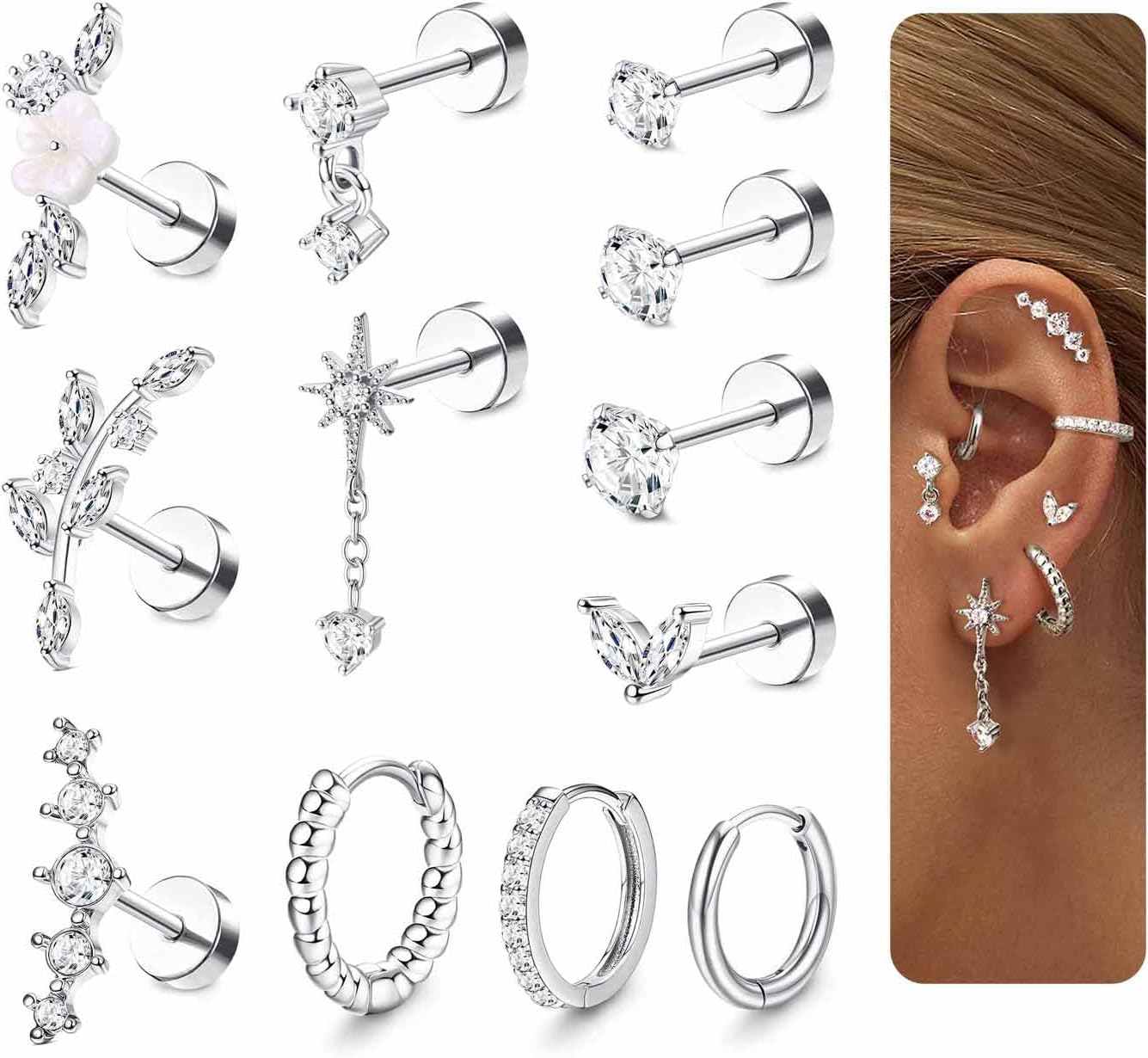 Adramata 12Pcs 16G Piercing Helix Boucles d'Oreilles Femme Acier Inoxydable Oreille Piercing Cartilage Or Argent Boucles d'Oreilles Creoles Piercing Conch Fleur Oreille Piercing Helix Piercing Tragus