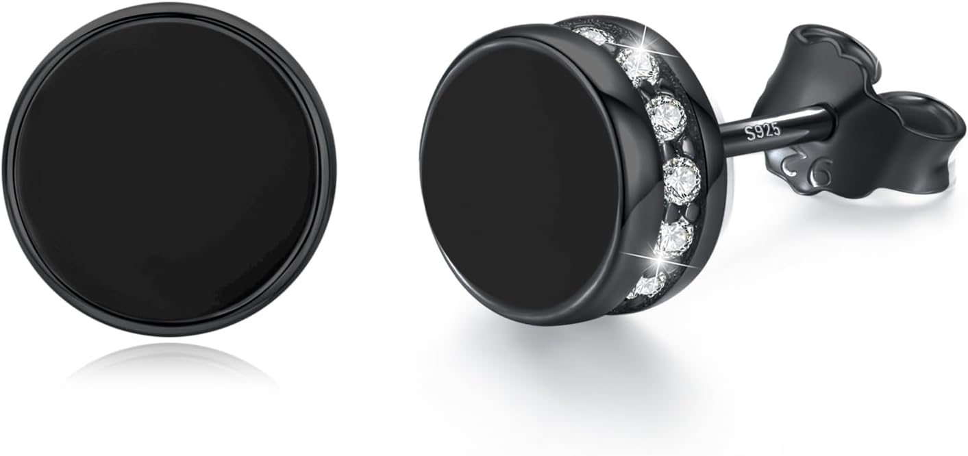 Waysles Clous d'oreilles en obsidienne pour femme en argent sterling hypoallergéniques, boucles d'oreilles lunette obsidienne noire, bijoux pour hommes oreilles sensibles, 7 mm, 7 mm /0.28 in, Argent